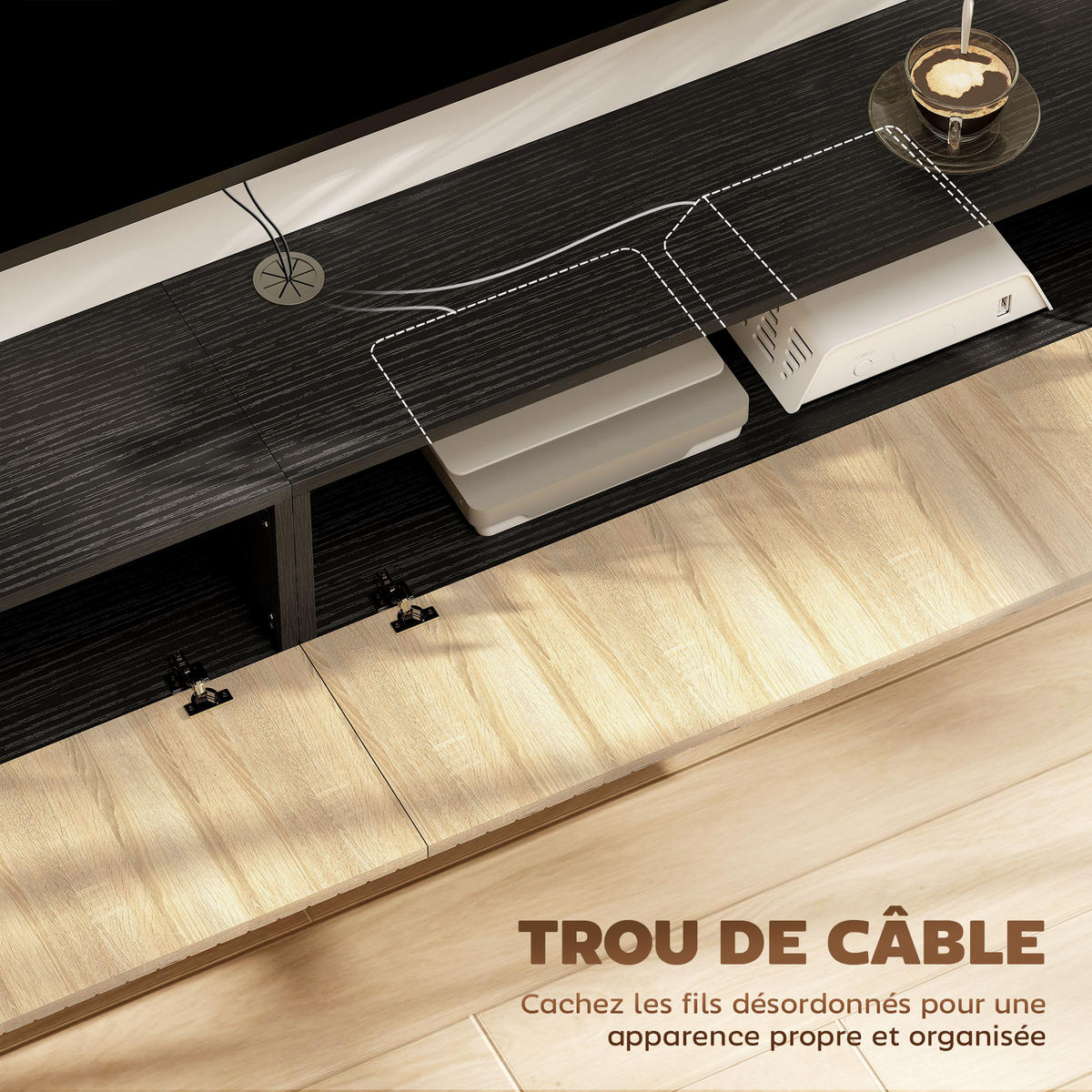 TV-BOARD Naturfarben/Schwarz 140/25/22 cm, Wandmontage, 2 Klappen, Grifflos - Naturfarben, Holzwerkstoff (140/22/25cm) - PANGIVO