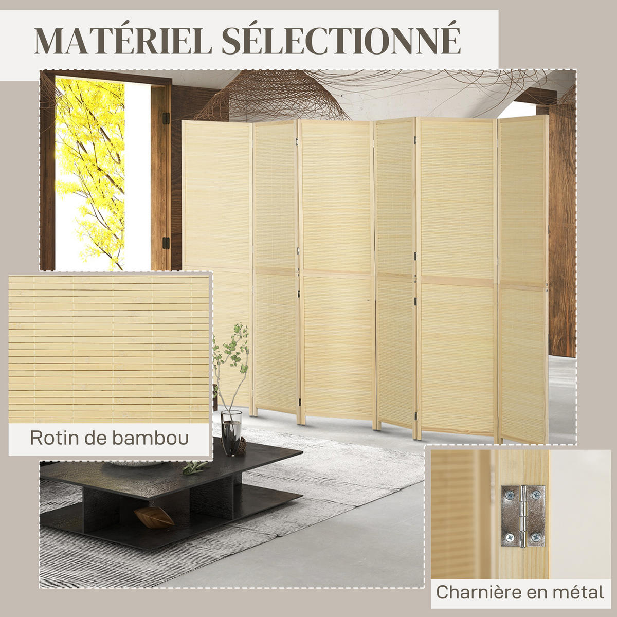PARAVENT DE-14271 6 Paneele, 270x180 cm, klappbar Natur - Naturfarben, Naturmaterialien (270/180/1.6cm) - ComfortXL