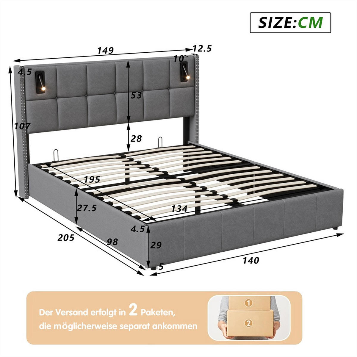 POLSTERBETT 140x200 cm - mit integrierten LED-Leseleuchten und hydraulischer Hebefunktion - ohne Matratze - Grau - Grau, Textil (140/200cm) - DELFA