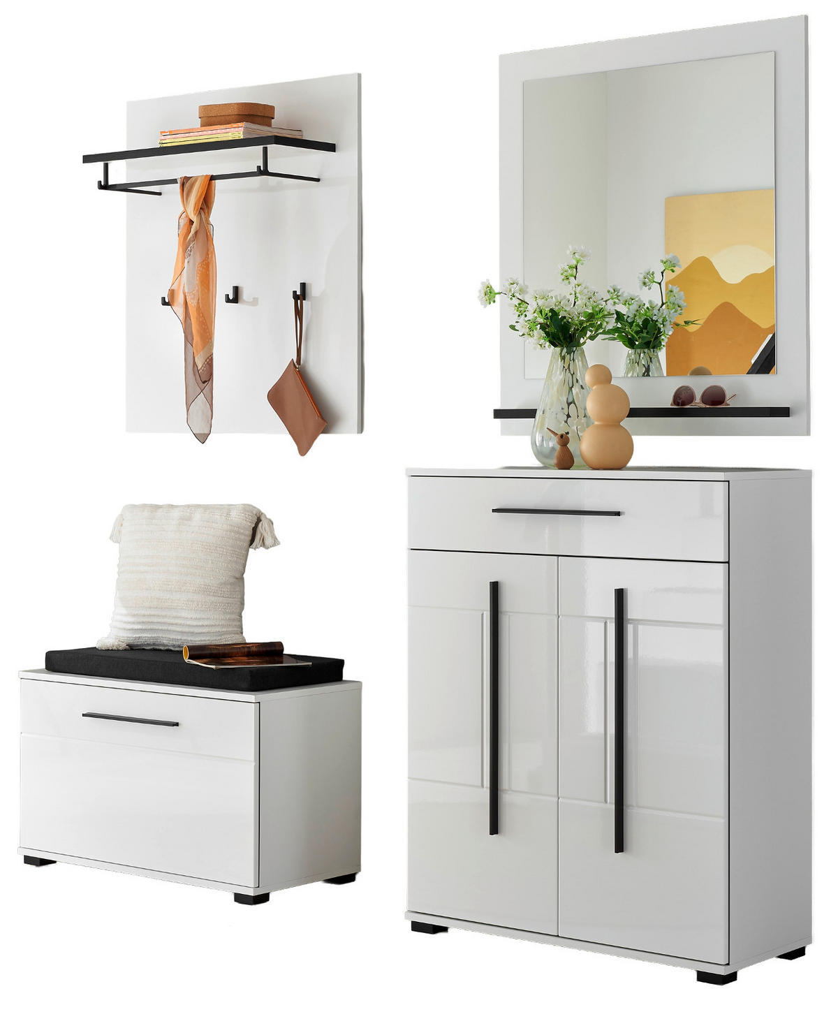 GARDEROBEN-SET weiß Hochglanz 5-teilig 170 cm, Flurgarderobe mit Soft-Close - Weiß Hochglanz/Dunkelgrau, Glas/Holzwerkstoff (170/200/40cm) - Furn.Design