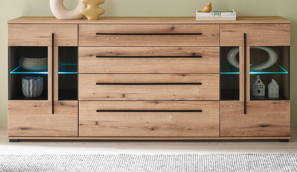 SIDEBOARD Eiche Evoke, Kommode 200 cm mit Soft-Close - Eichefarben/Schwarz, Glas/Holzwerkstoff (200/86/42cm) - Furn.Design