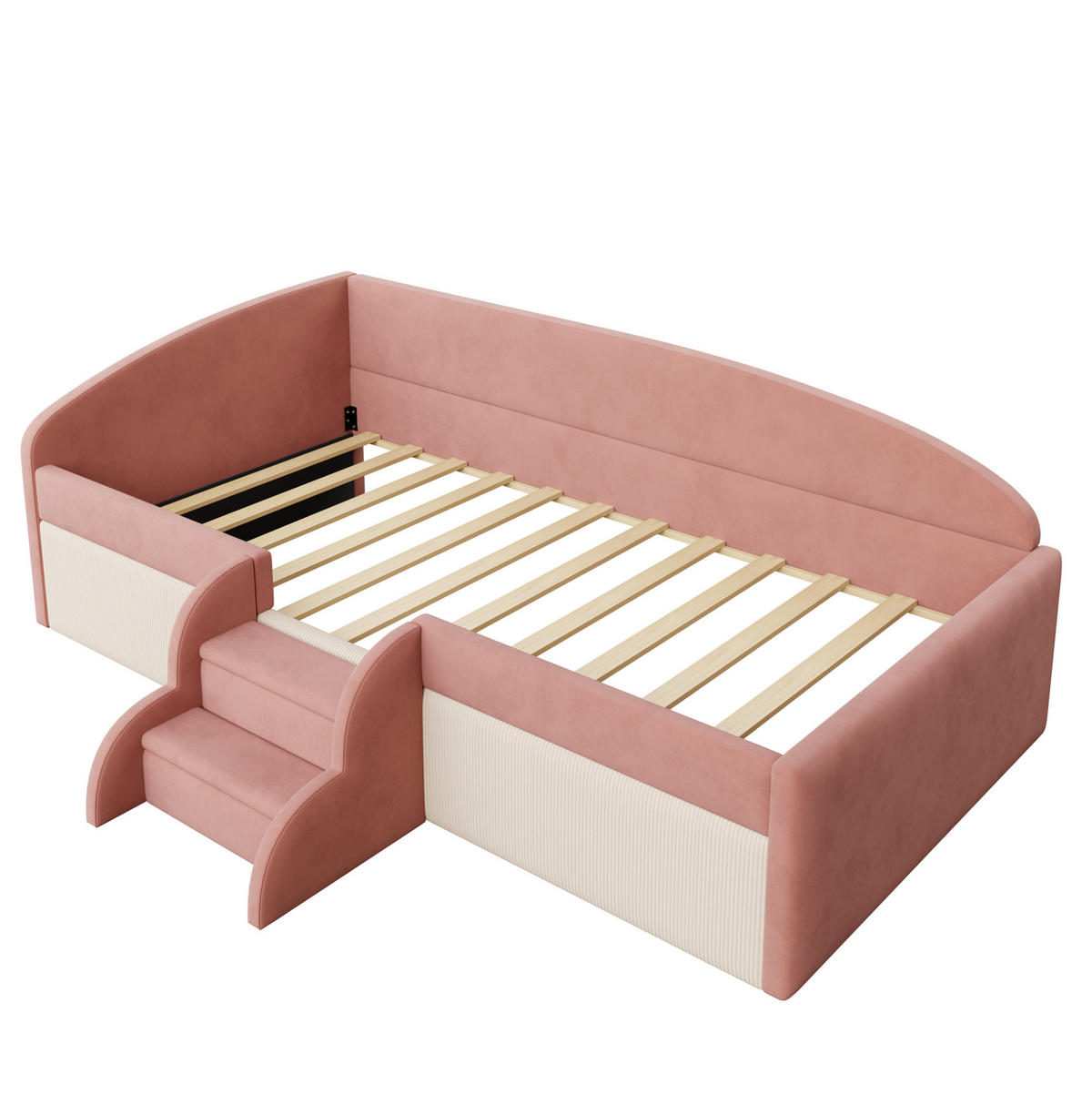 POLSTERBETT 90/190 cm aus Samt mit Stufen und Schutzbügel, Rosa/Weiß - Pink, Textil (90/190cm) - OKMYHOME