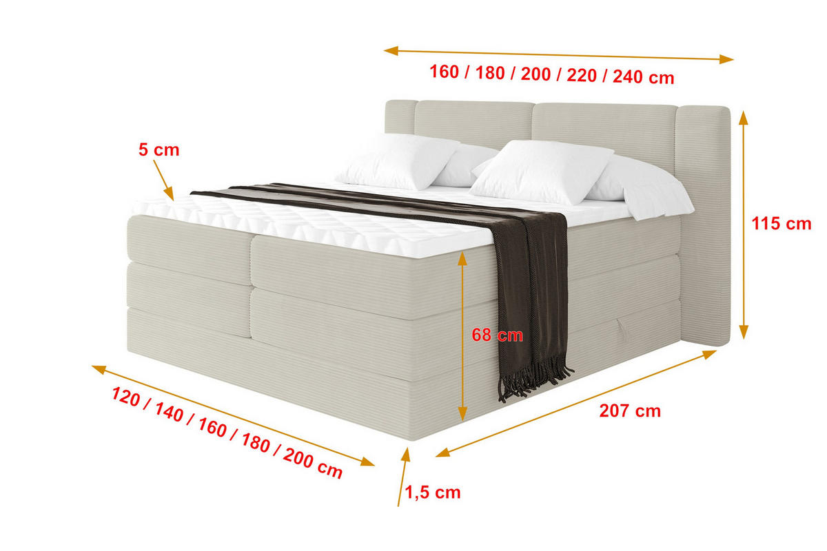 BOXSPRINGBETT mit Matratze H3/H4 - EVON KING - 140x200 cm Creme - Creme, Holzwerkstoff (140/200cm) - ALTDECOR
