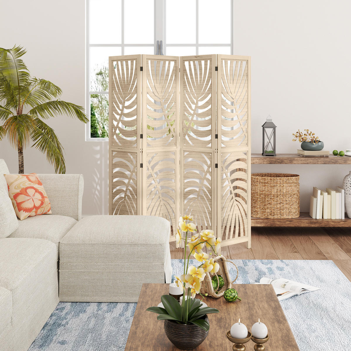 PARAVENT DE-14293 4-teilig, abnehmbare Segmente, Palmblatt-Motiv Natur - Naturfarben, Holz (160/170/1.7cm) - ComfortXL