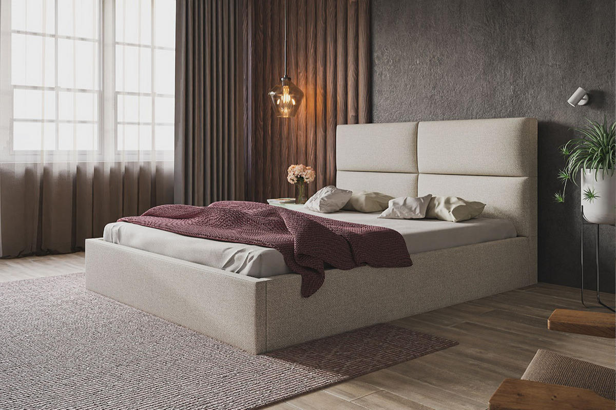 POLSTERBETT LIZBONA SLIM, 120 x 200 cm mit Bettkasten und Lattenrost aus Holz, Farbe: Beige, Velourestoff - Beige, Holz/Kunststoff - Alpi-Möbel