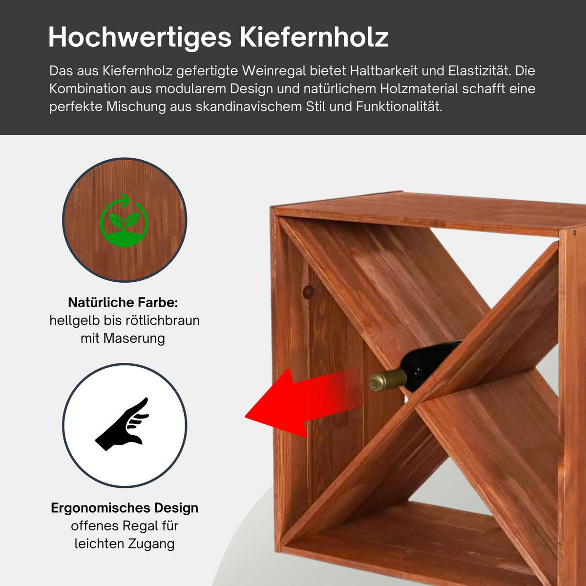 WEINREGAL Vincellar Mod 60x60x30 cm Kreuz Modul Für 40 Flaschen Massives Kiefernholz Braun Geölt - Braun, Holz (60/60/30cm) - PROREGAL