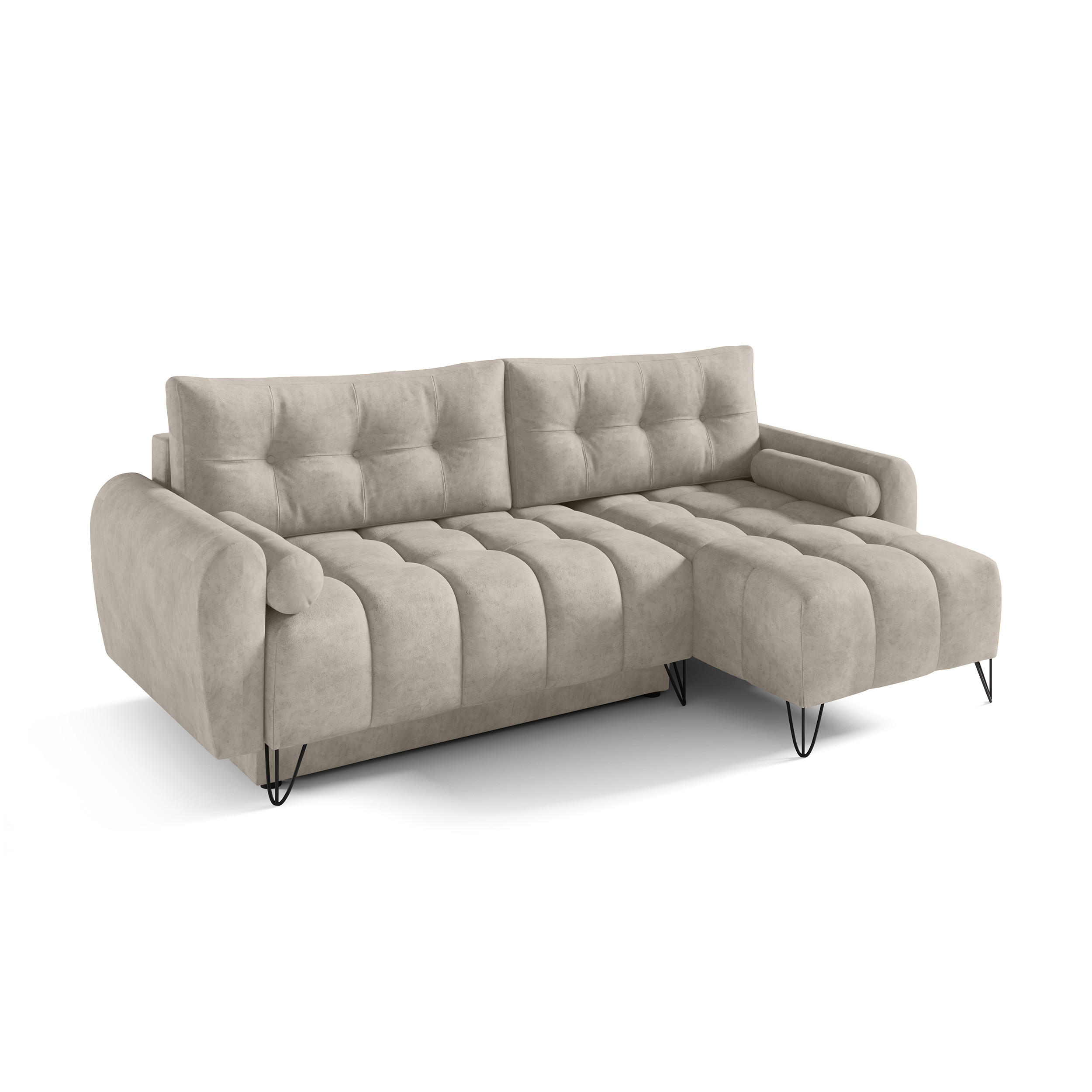 ECKSCHLAFSOFA Malaga Mini universeller Ottomane, Beige - Beige/Schwarz, Textil (222/148cm) - Beautysofa