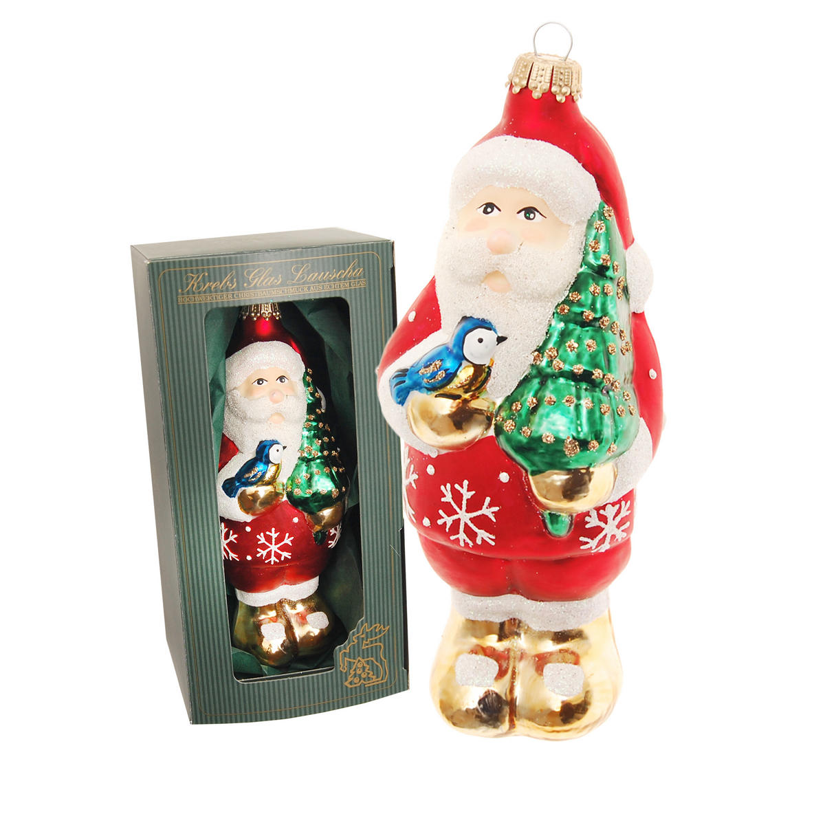CHRISTBAUMSCHMUCK Weihnachtsmann Baum und Vogel Rot 16cm (Glas / 1 Stk.) - Rot, Glas (6/16/5cm) - Krebs Glas Lauscha