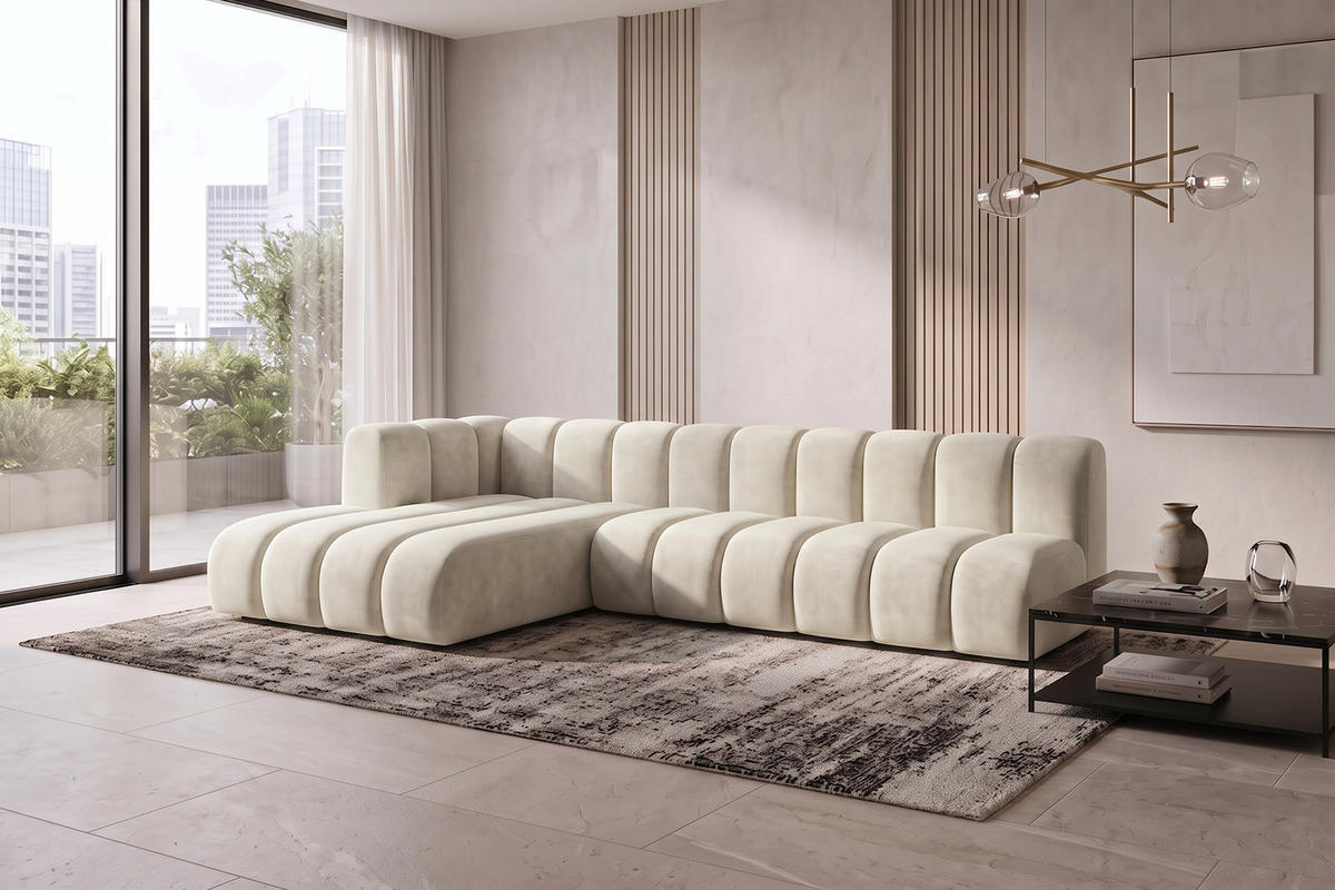 ECKSOFA Modulares In L-Form, Velvet-Stoff Riviera, Ecru, Links, GRAND 295 cm - Creme, Holz (295/179cm) - Kaiser Möbel