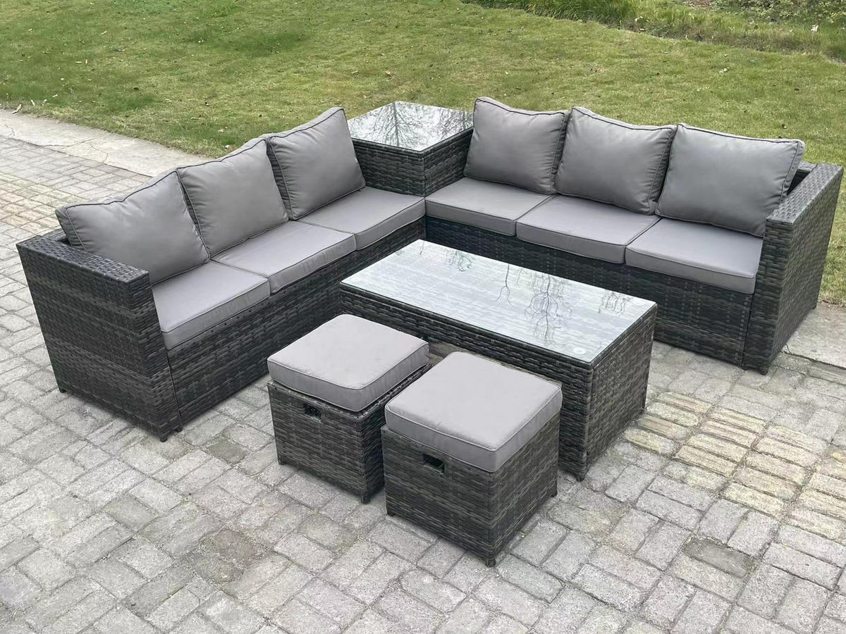 GARTENMÖBELSET mit Couchtisch Polyrattan 6-Sitzer - Dunkelgrau/Grau, Glas/Kunststoff - Fimous