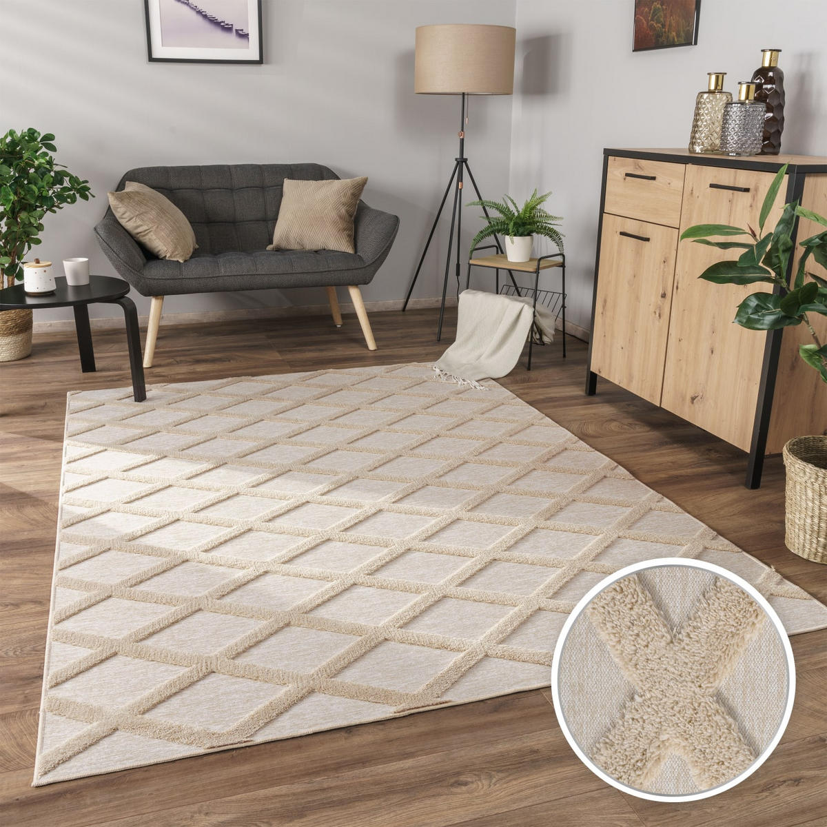 KURZFLORTEPPICH Waschbar, mit Rautenmuster, Beige, 160 x 220 cm - Beige, Textil (160/220cm) - KADIMA DESIGN
