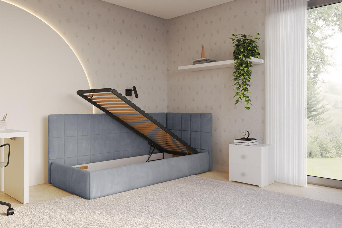 EINZELLBETT Jugendbett mit Bettkasten und Matratze H3/H4, Links - TULY 90x200 Grau - Grau, Holzwerkstoff/Textil (90/200cm) - ALTDECOR