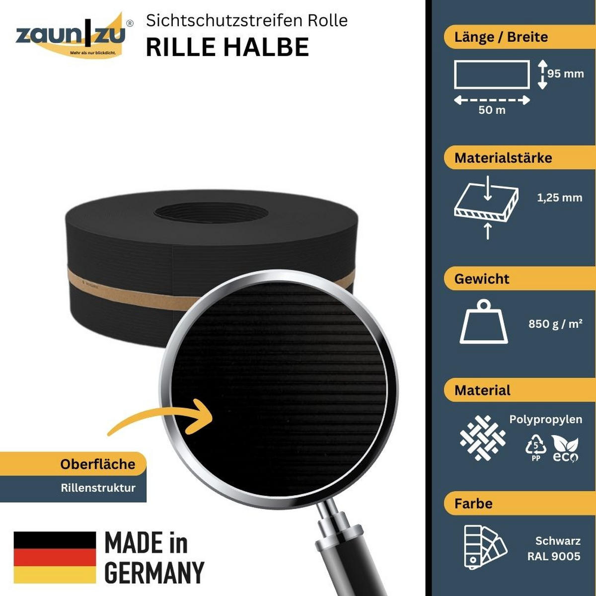 SICHTSCHUTZSTREIFEN Rille Halbe Rolle für Doppelstabmatten Tiefschwarz 50m - Schwarz, Kunststoff (5000/9.5cm) - ZAUN|ZU