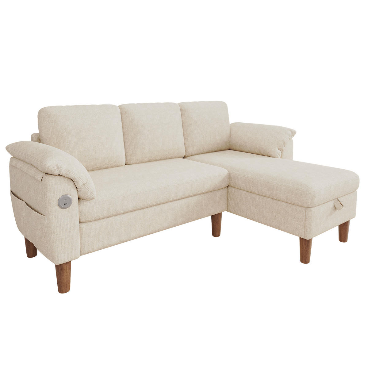 ECKSOFA 181/125/88 cm Beige mit Stauraum-Chaiselongue und USB/Type-C-Ladeanschluss - Beige, Textil (181/125cm) - Oxeza