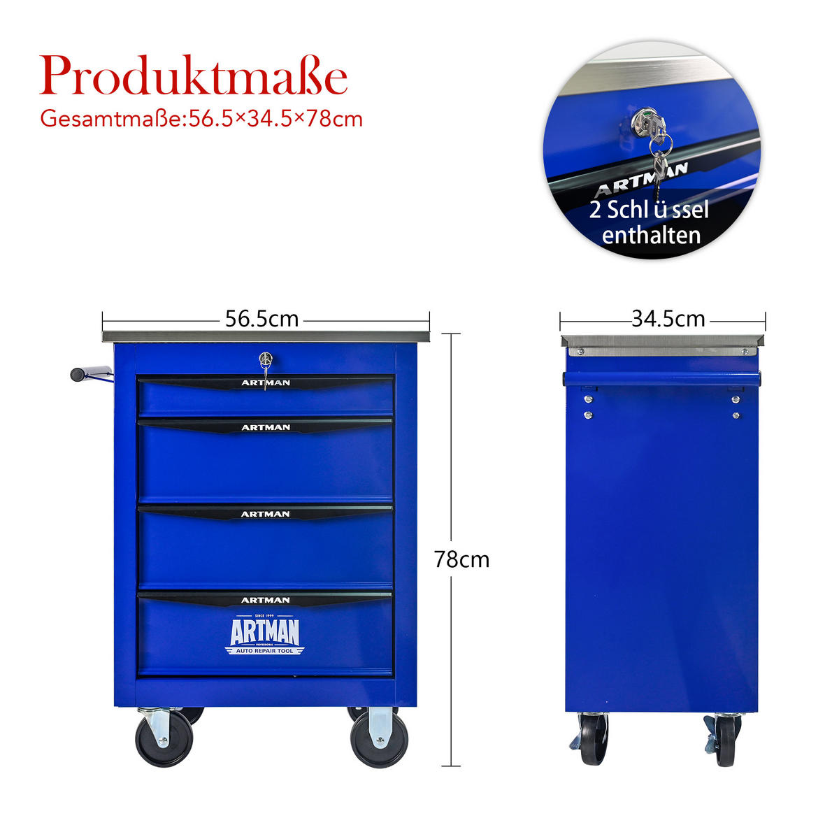 KOMBINATIONSKOFFER – 4 Schubladen, blau - Multicolor, Metall (34.5/78/62.5cm) - DCA