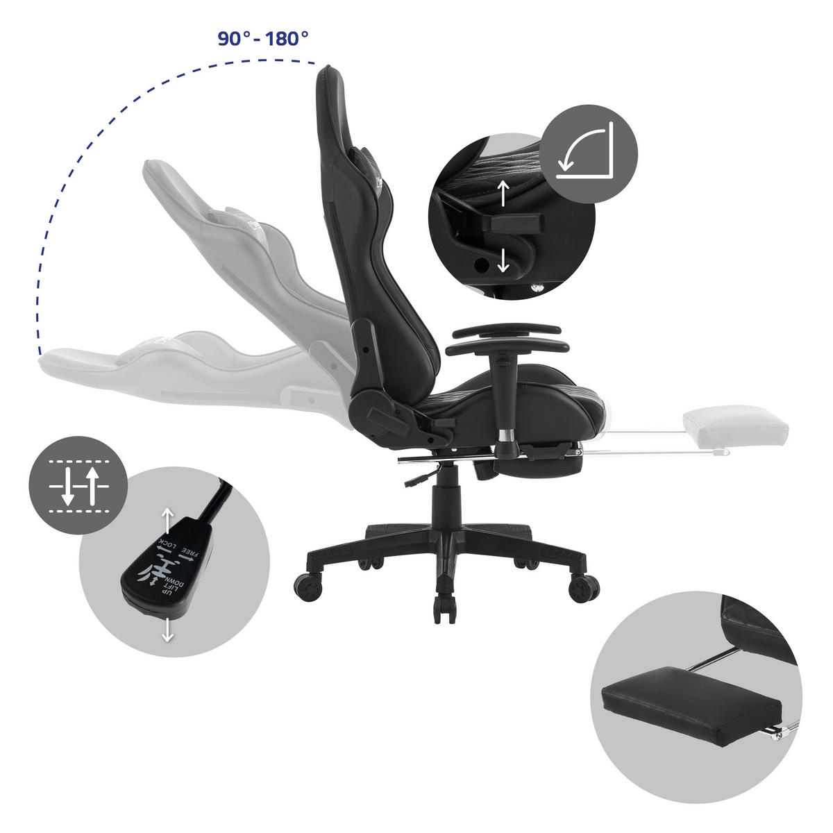 GAMING-STUHL Schwarz-Schwarz - Schwarz, Metall (68/135/73cm) - ML-DESIGN