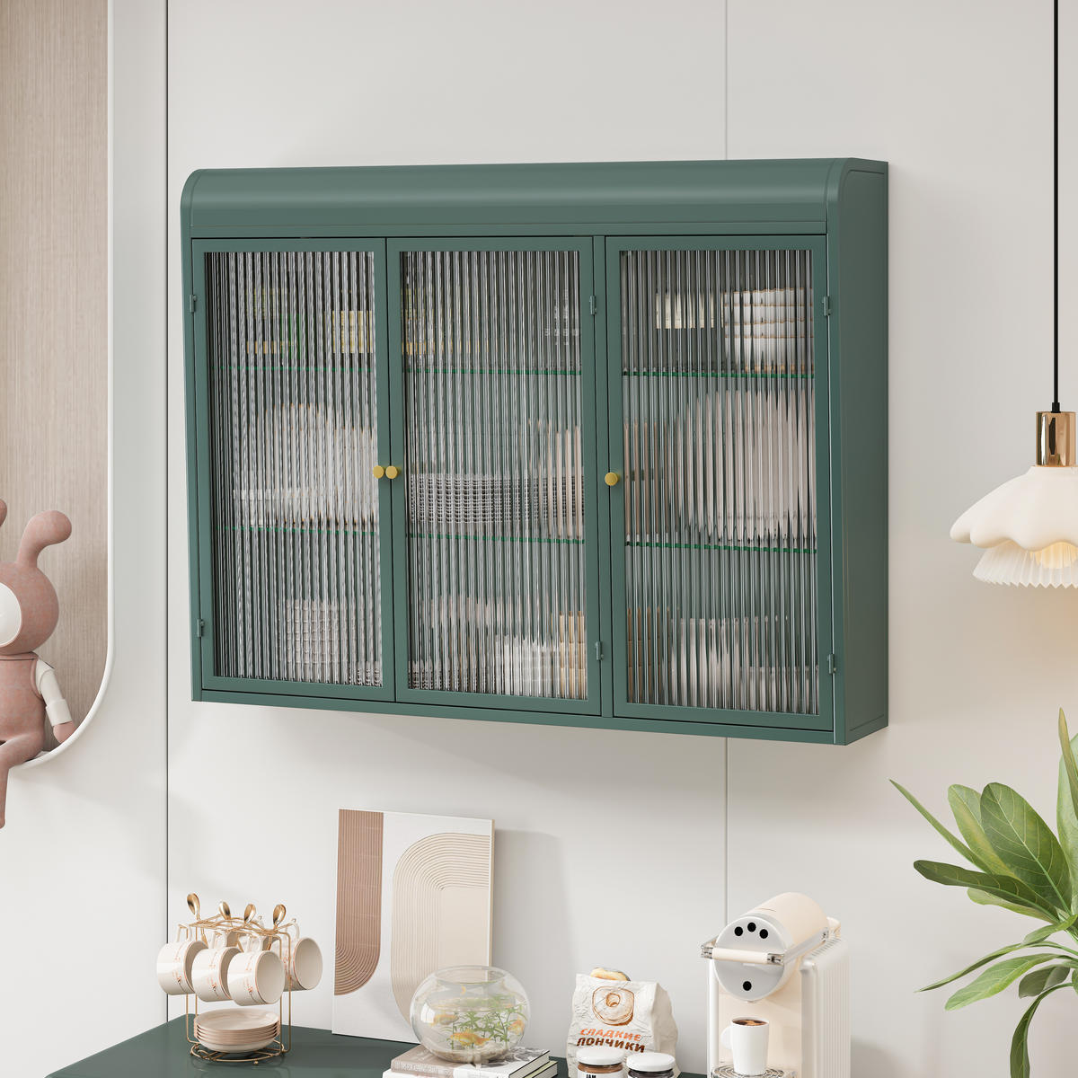 KÜCHENOBERSCHRANK mit Glasfront in Dunkelgrün – 3 Türen, wandhängend - Grün, Glas (90/70/20cm) - BEAOK
