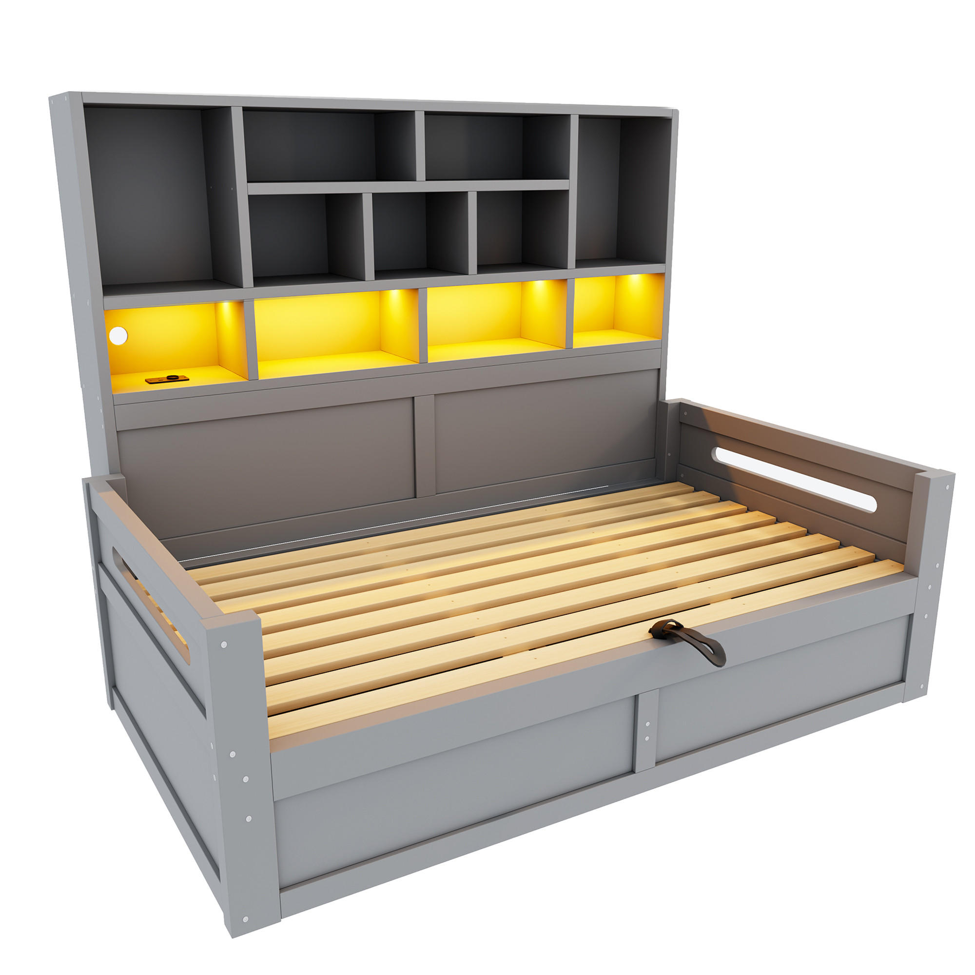 STAURAUMBETT 90/200 cm mit hydraulischem Stauraum und LED, DE-41642, in Grau - Grau, Holzwerkstoff (90/200cm) - ComfortXL