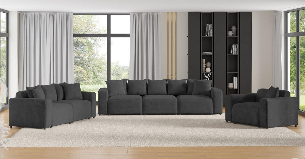 SOFASET Megan 3-2-1 In Poso - Dunkelgrau, Holzwerkstoff/Textil (327/75/98cm) - Fun Möbel