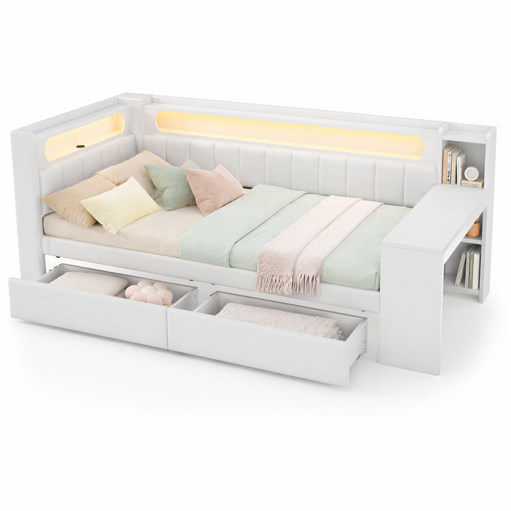 JUGENDBETT 90/200 mit LED, Schreibtisch und 2 Schubladen in Weiß - Weiß, Holzwerkstoff/Textil (90/200cm) - EVRYAE