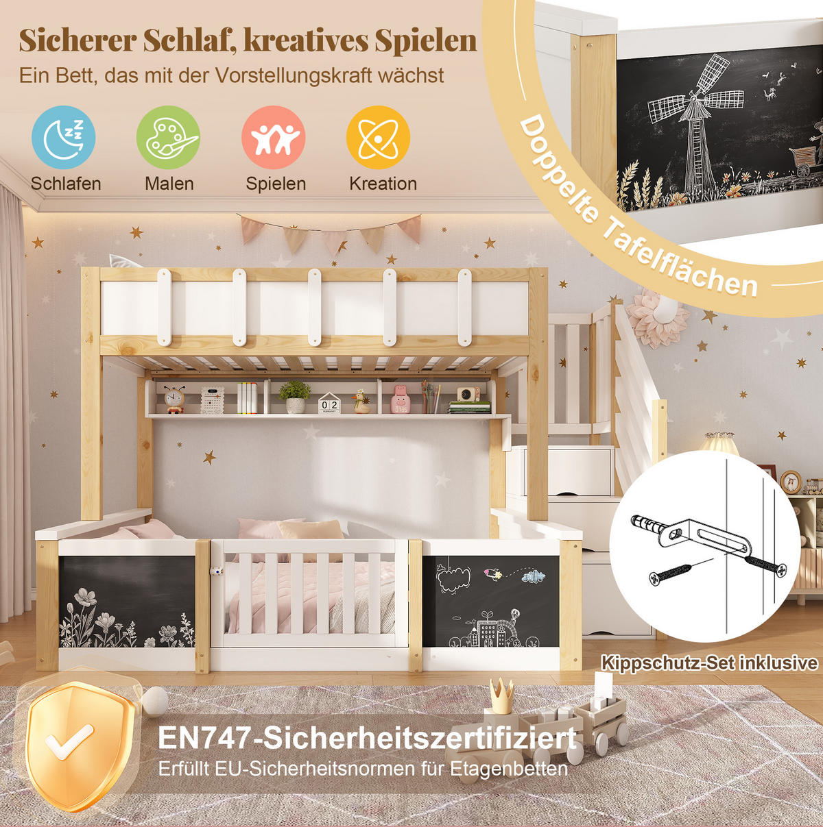 ETAGENBETT aus Massivholz, MDF und Sperrholz 90x200/140x200 cm Weiß/Natur mit Stauraumtreppe - Weiß, Holz (90/200cm) - Modfu