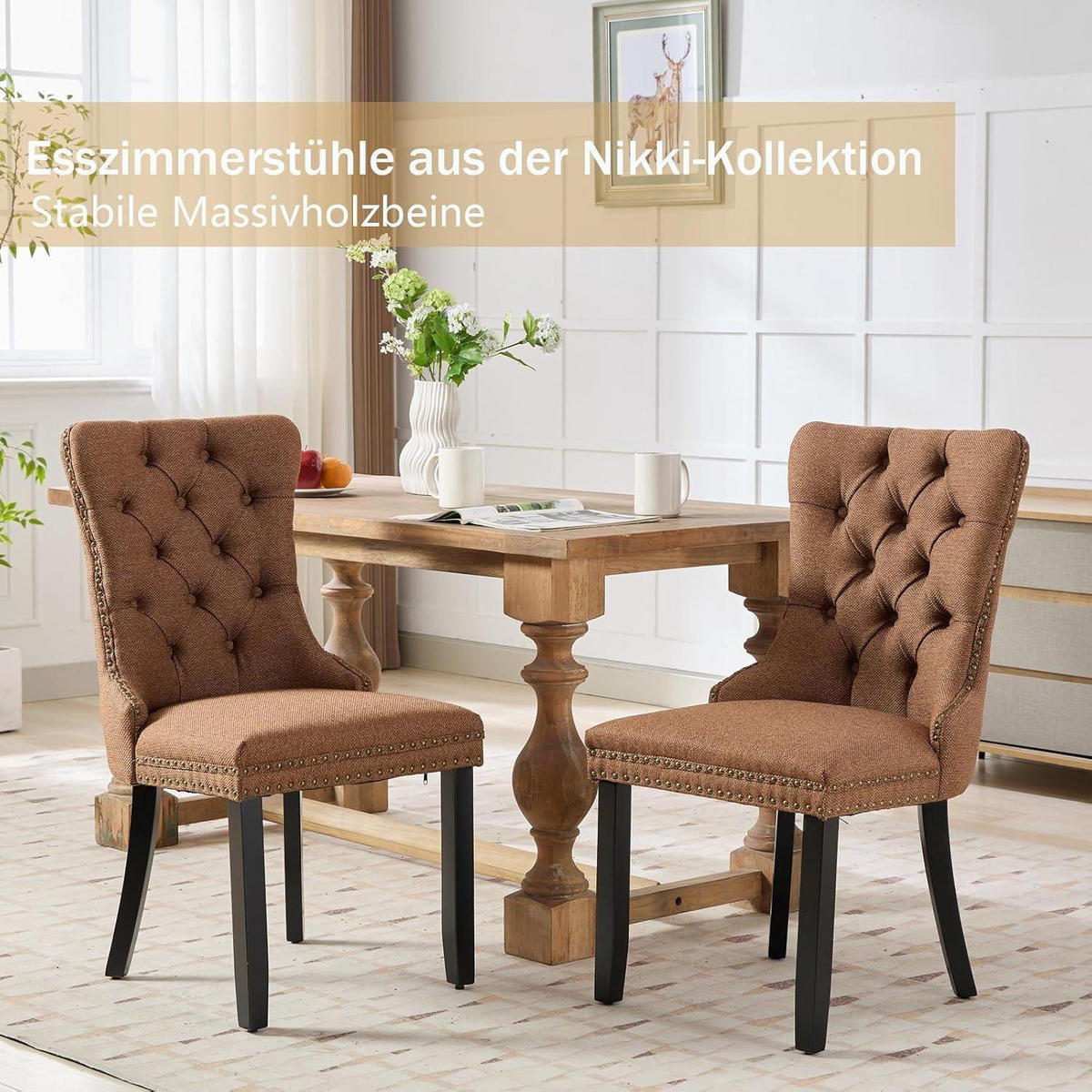 ESSZIMMERSTÜHLE 6er Set Braun Leinenstoff Massivholzbeine - Braun, Textil (44.5/97.5/54.6cm)