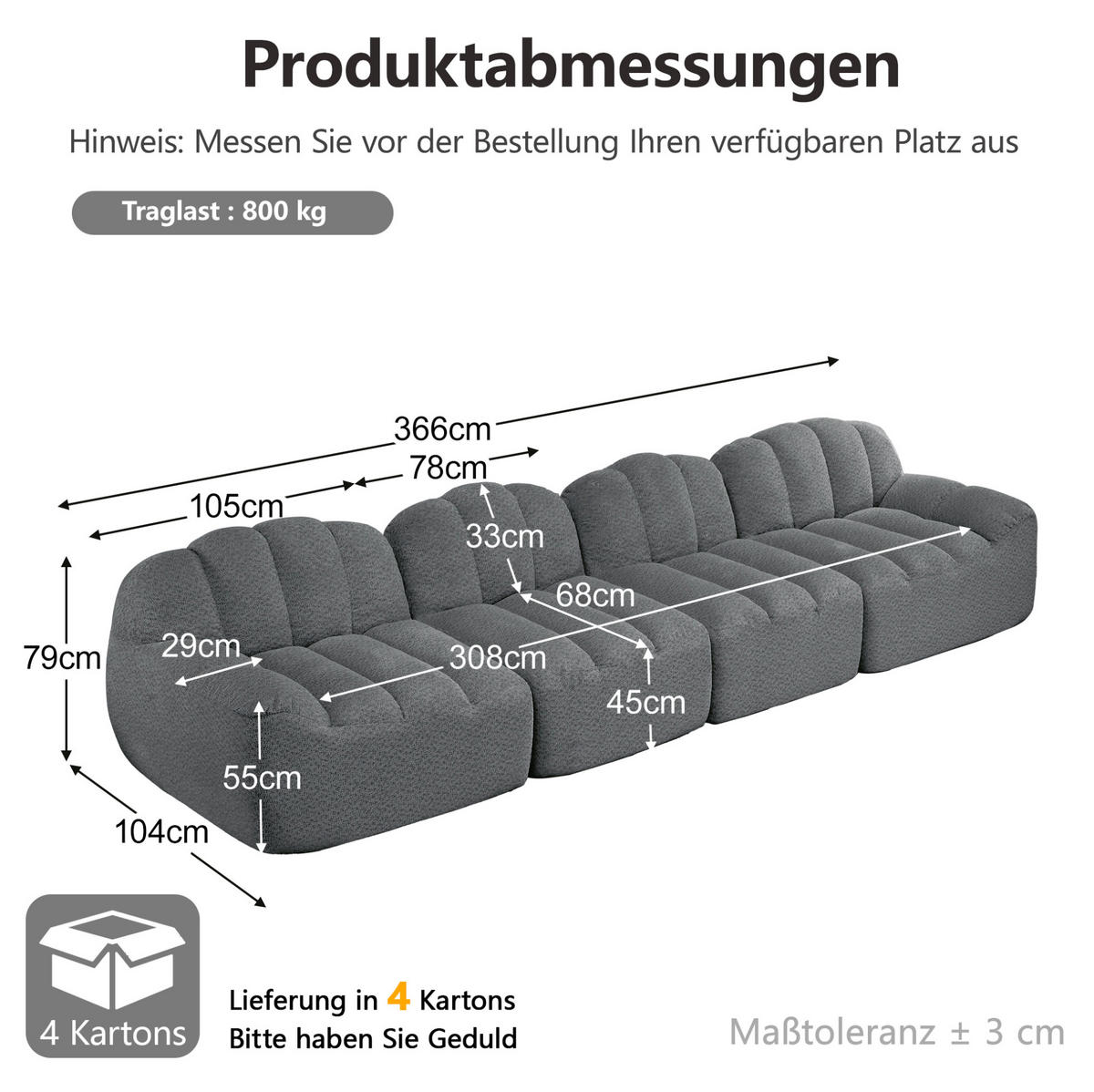 SOFA in Grau aus Granuliertem Fleece mit breiter Sitzfläche - Grau, Textil (104/79/366cm) - Flora Grace