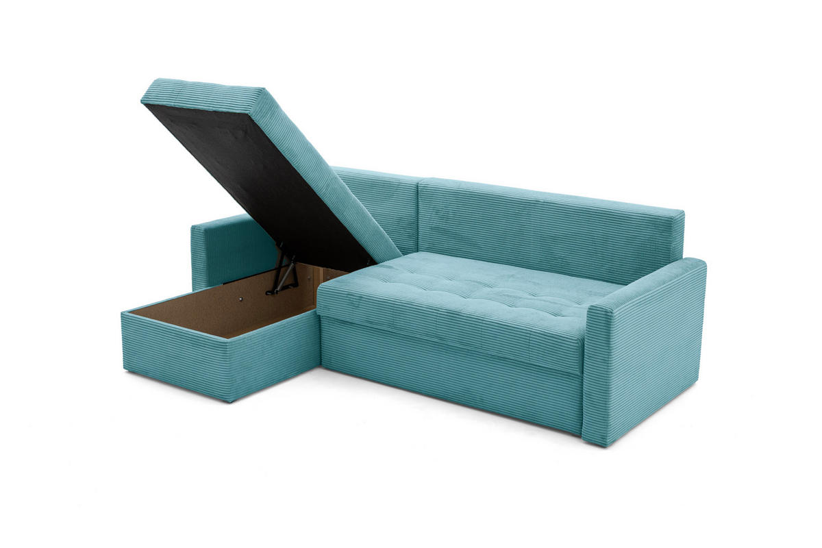 ECKSOFA PULA L Links mit Schlaffunktion 132x198 Cord Blau - Blau/Schwarz, Holz/Kunststoff (214/145cm) - Muffo