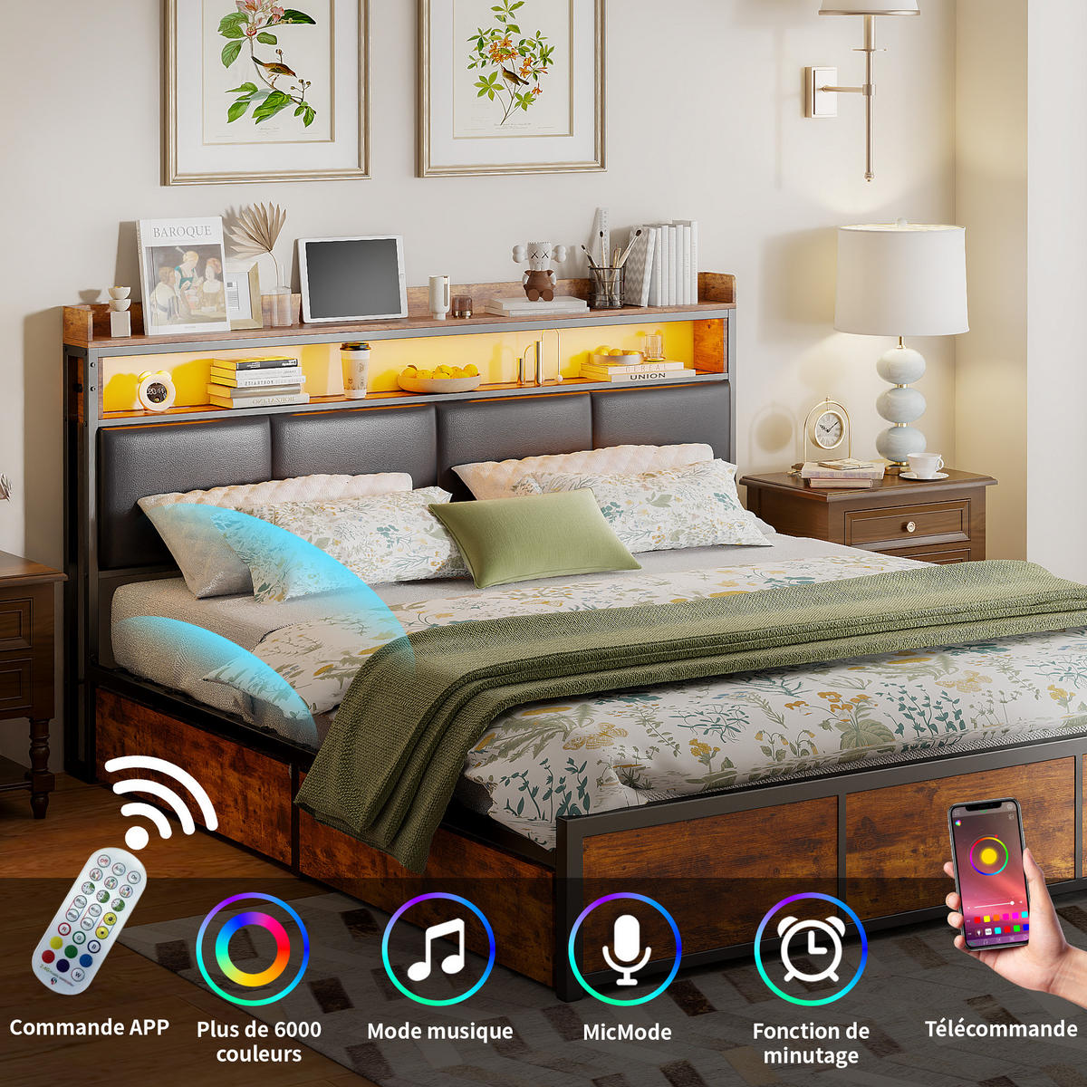 POLSTERBETT 140x200 cm, Schwarz, mit LED, 4 Schubladen - Schwarz, Textil/Metall (140/200cm)