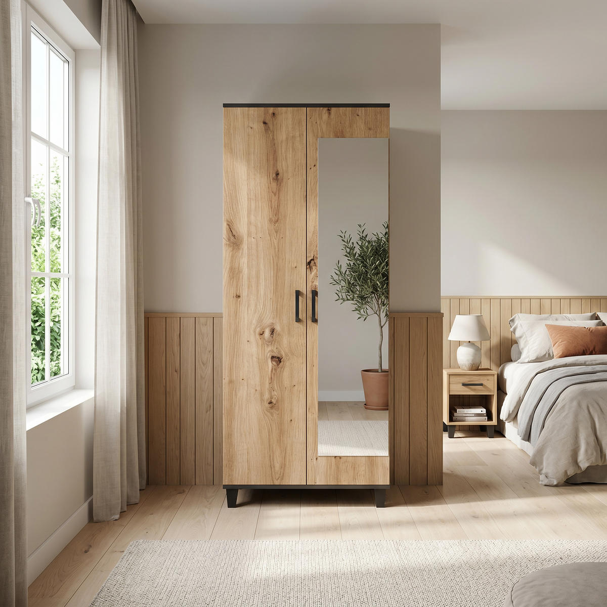 DREHTÜRENSCHRANK CORTEZA 80/193/56cm 2-türig mit Spiegel Eiche Artisan - Eiche Artisan, Holzwerkstoff (80/193/56cm) - MASSENO