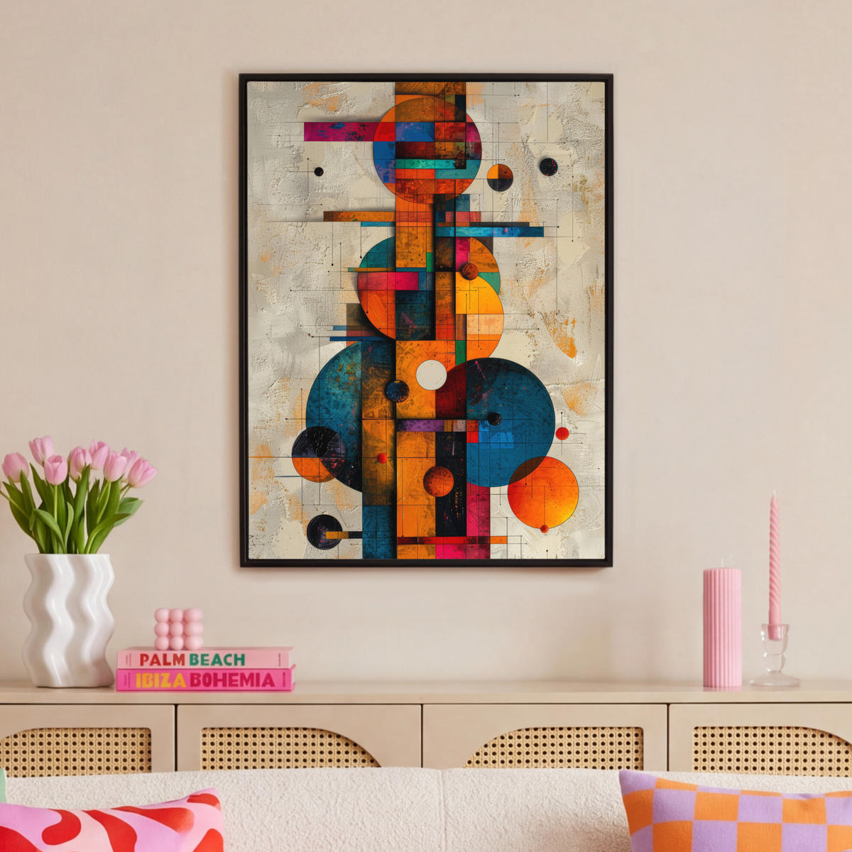 LEINWAND Bilder mit Rahmen - Vintage - Moderne Kunst - Orange - Geometrische Formen - 70x100 - Multicolor, Textil (70/100cm) - MuchoWow