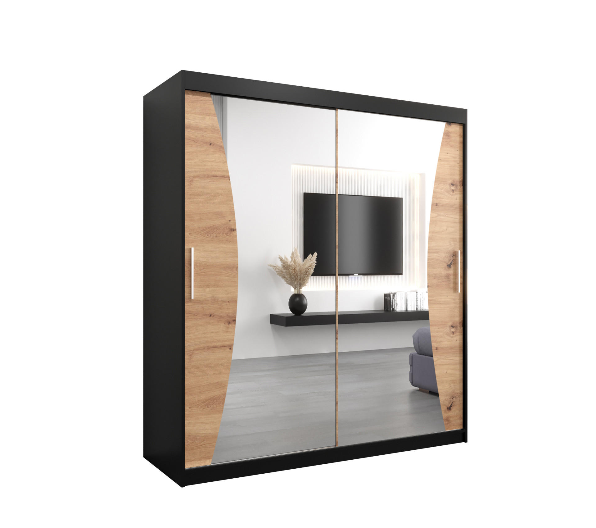 Abiks Möbel Schwebetürenschrank Schwarz, Eiche Artisan 180x200x62 cm