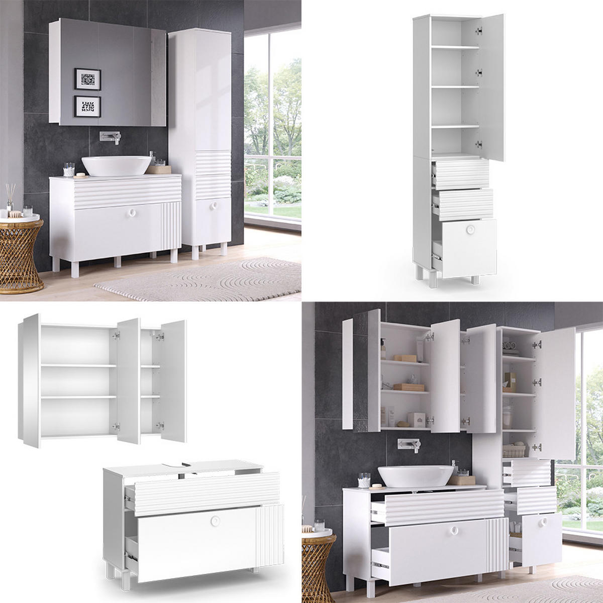 BADMÖBEL-SET Sola Weiß 3 Teile, mit Hochschrank - Weiß, Holzwerkstoff (100/72/37cm) - Vicco