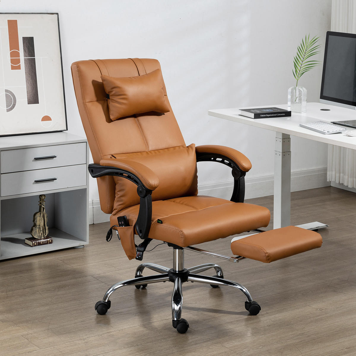 BÜROSTUHL mit Massagefunktion, Ergonomisch Schreibtischstuhl mit Liegefunktion - Braun, Leder (67/123/66cm) - Vinsetto