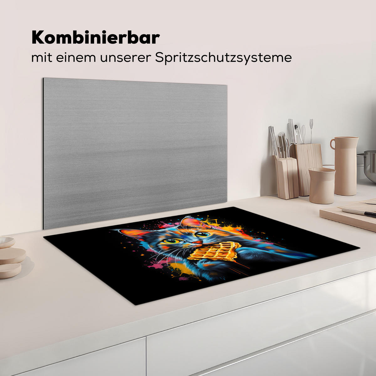HERDABDECKPLATTE Katze - Graffiti - Bunt - Waffel - Essen Ceranfeldabdeckung 80x52 cm - Multicolor, Kunststoff (80/52/0.2cm) - MuchoWow