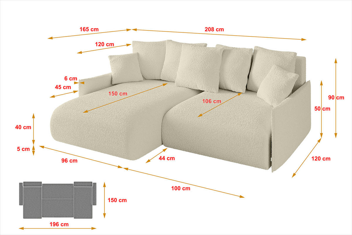 ECKSOFA mit Schlaffunktion und Bettkasten ONESK-L -v1 208x165x40 Beige Bouclé - Beige, Holzwerkstoff/Kunststoff (208/165cm) - ALTDECOR