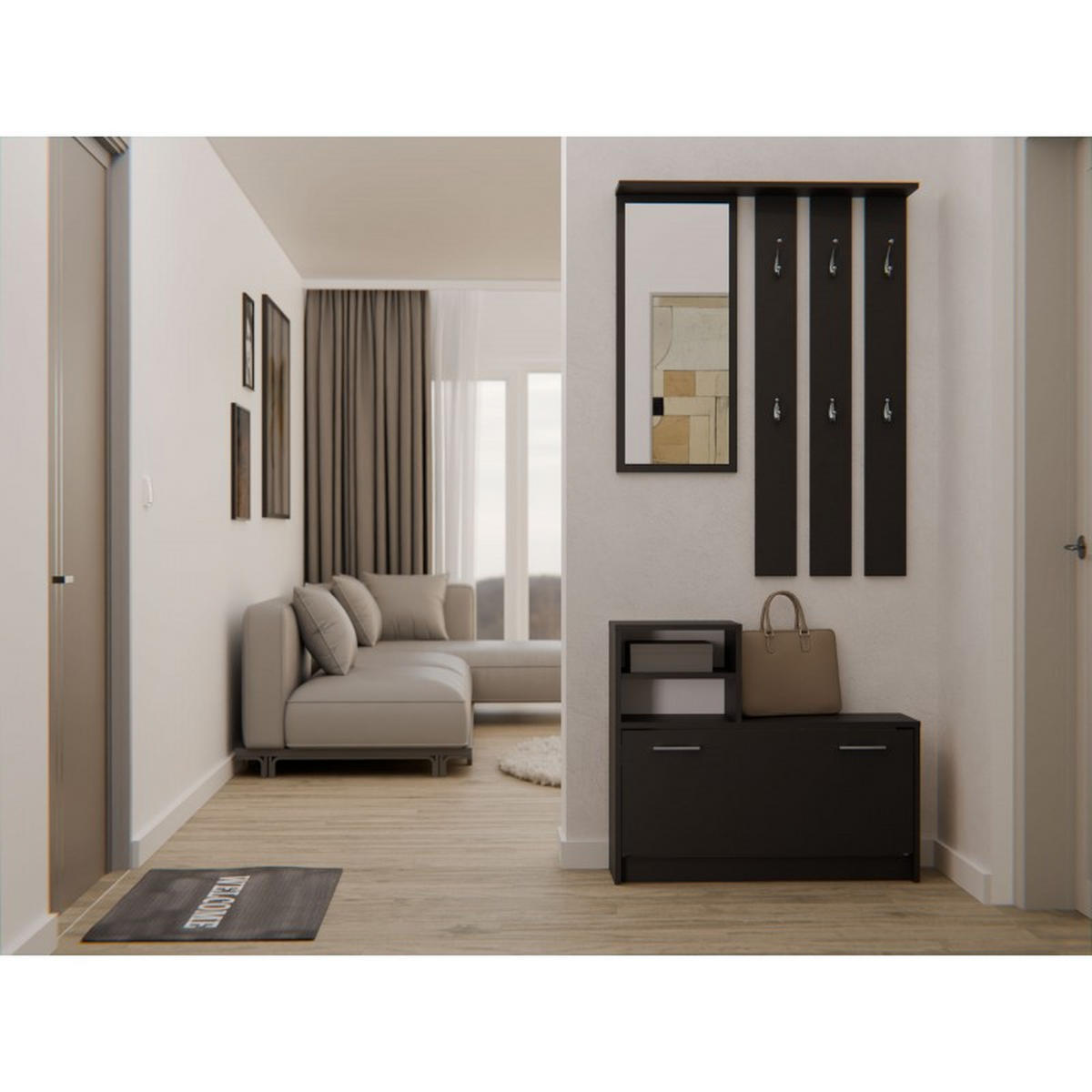 GARDEROBE set de mobilier pentru hol cu oglindă, negru 85/180/24 - negru, compozit lemnos (85/180/24cm) - RAUMHIRSCH FURNITURE