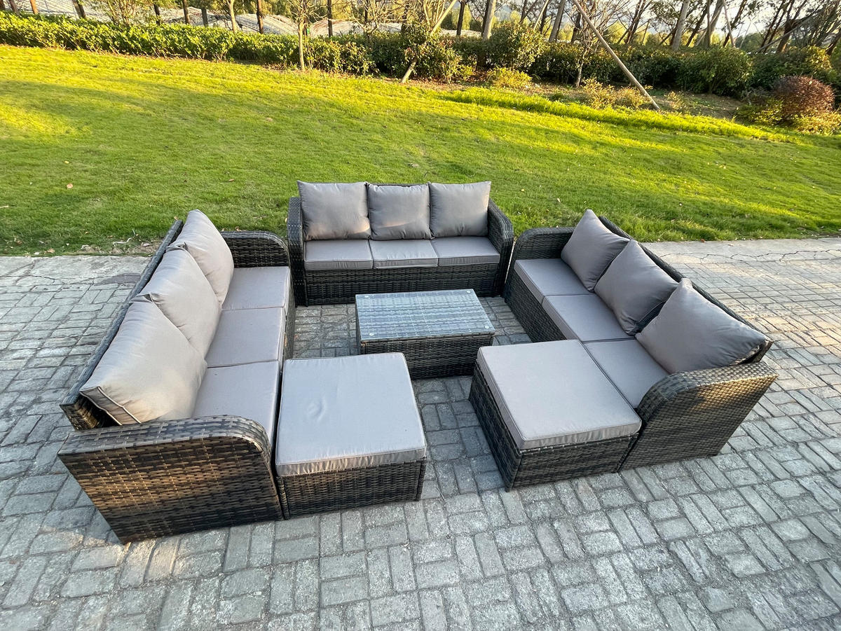 GARTENMÖBELGARNITUR mit KISSEN Polyrattan Dunkelgrau 11-Sitzer - Dunkelgrau/Grau, Glas/Kunststoff - Fimous
