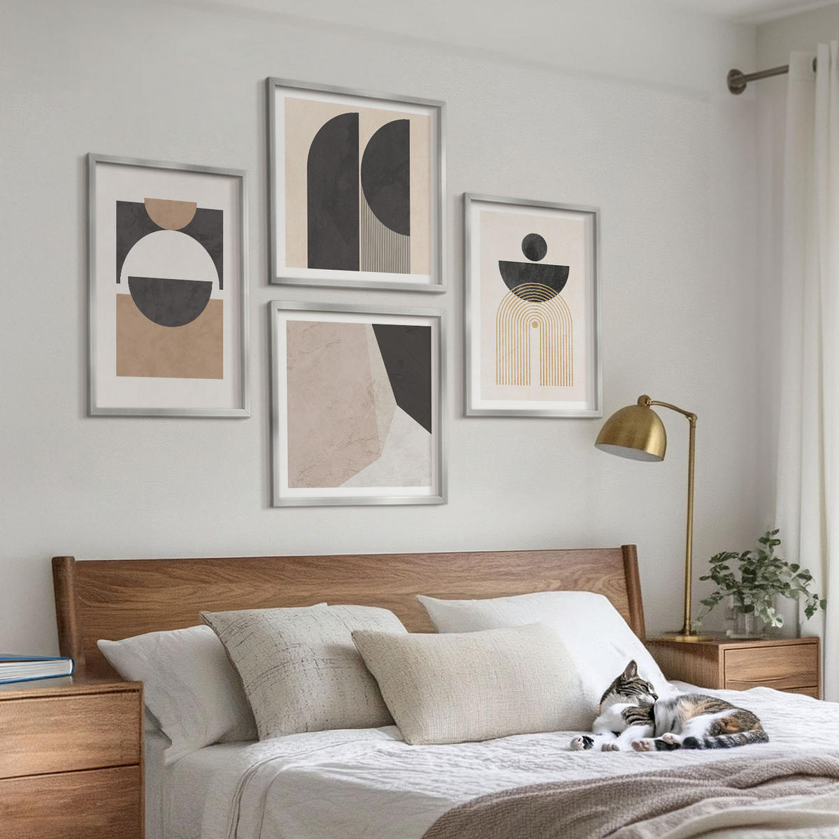 WANDBILDER 4er Set - 50x50 cm & 40x60 cm Silberner Rahmen - Abstrakte Formen beige braun - Silberfarben, Kunststoff (50/50cm) - ArtPrintCave