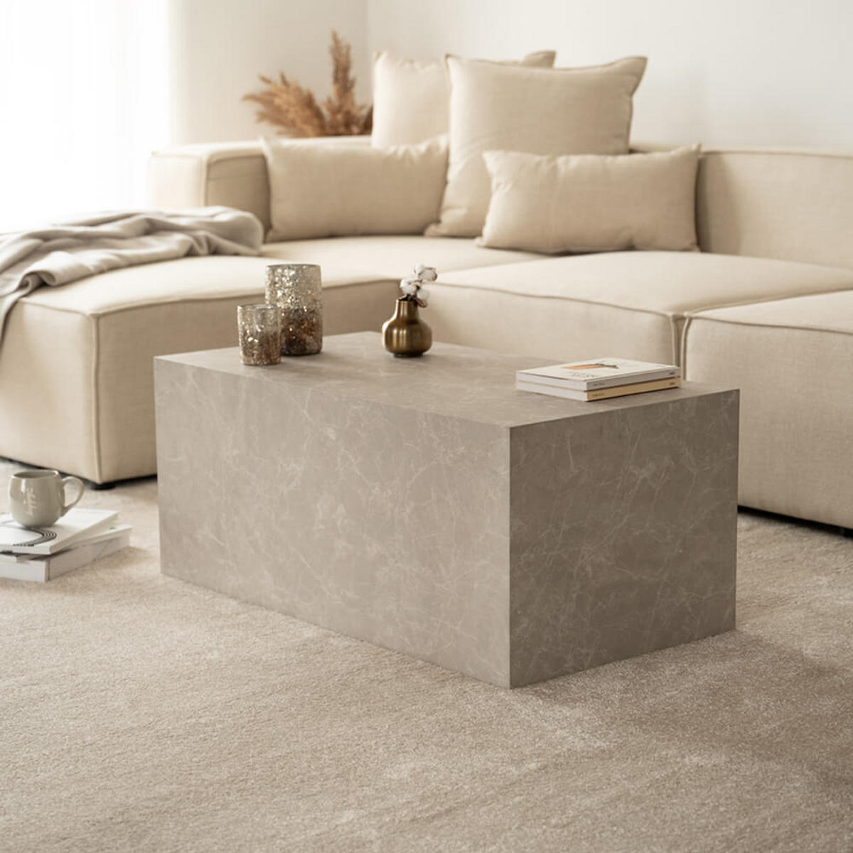 COUCHTISCH Marmor AMIRI L - 95 x 50 cm Beige - Beige, Holzwerkstoff/Textil (50/95/40cm) - Home Deluxe