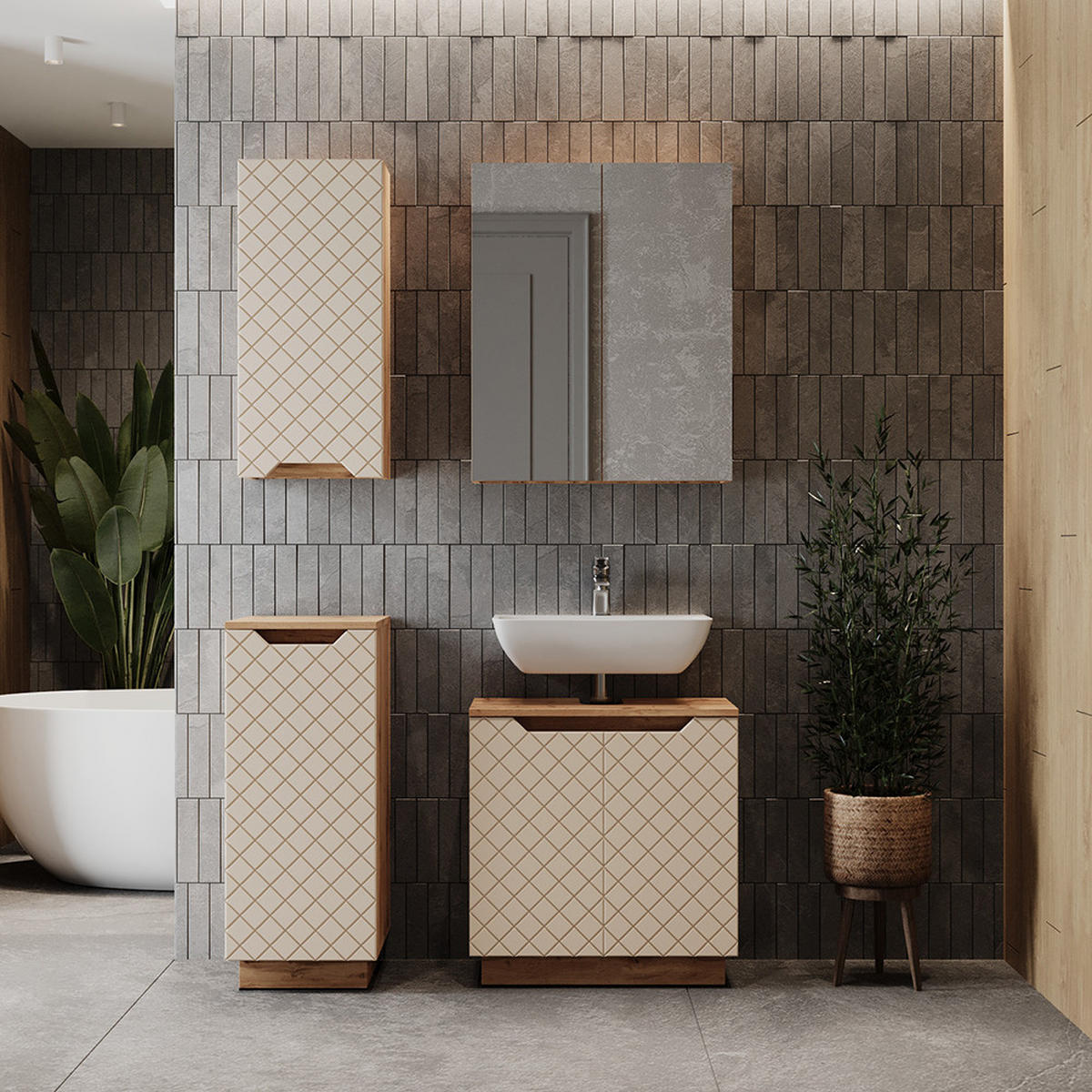 BADMÖBEL-SET Lotta Eiche/Kaschmir mit Kachelstruktur 4 Teile - Kaschmir/Eichefarben, Holzwerkstoff (59.8/62.1/32cm) - Vicco