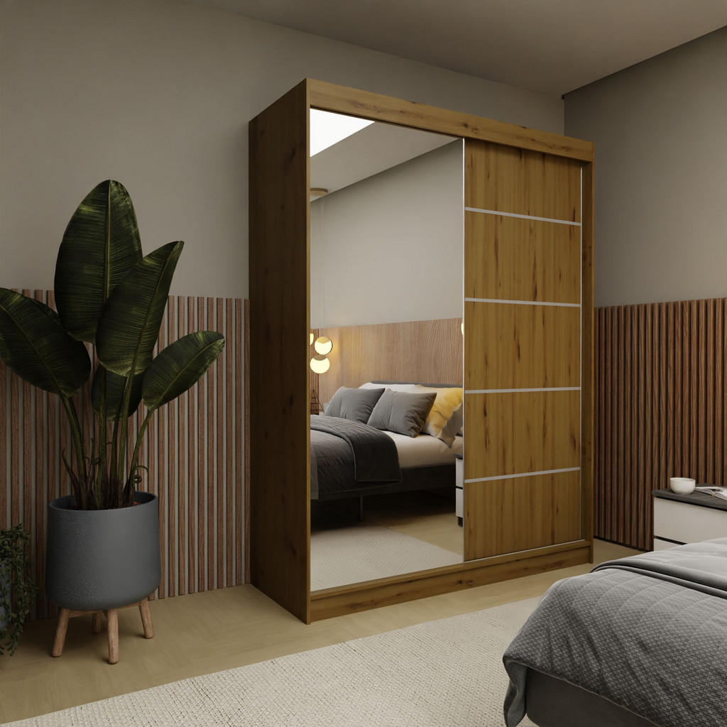 Thumbnail - Masseno Schwebetürenschrank, Eiche Artisan, Holzwerkstoff, 4 Fächer, Rechteckig, 160x216x61 cm, Schlafzimmer, Kleidersch...
