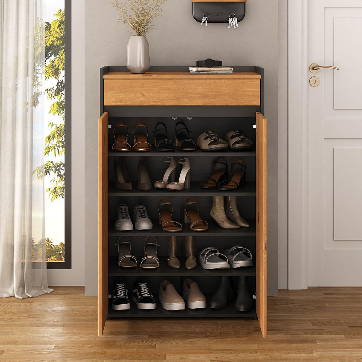 SCHUHSCHRANK TILO - Eichefarben/Schwarz, Holz (74/114/35cm) - IDIMEX