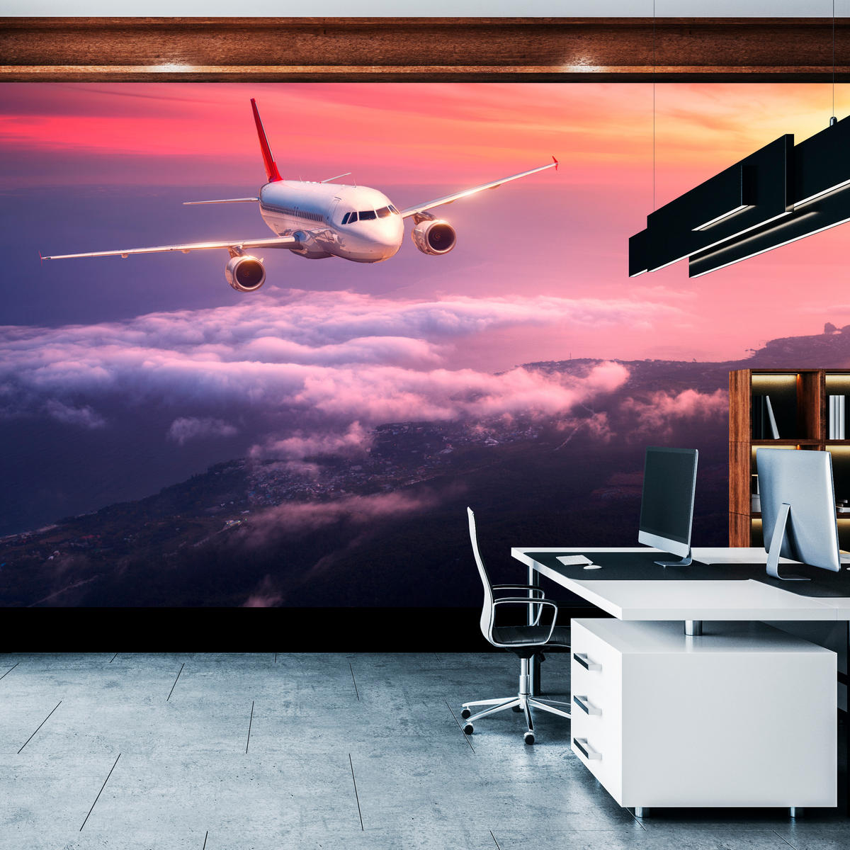 FOTOTAPETE für Wohnzimmer Flugzeug Sonnenuntergang Wolken Himmel 450x315 - Gelb/Rot, Papier (450/315cm) - Muralo