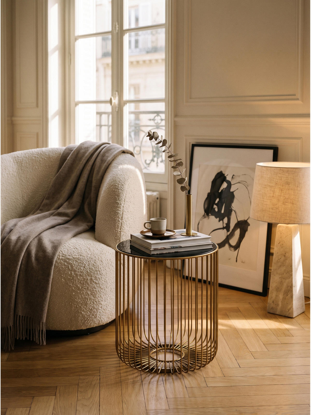 BEISTELLTISCH DENIA, Einscheiben-Sicherheitsglas, Schwarz-Gold, Ø 40 x 47 cm - Goldfarben, Glas/Metall (40/40/47cm) - KADIMA DESIGN