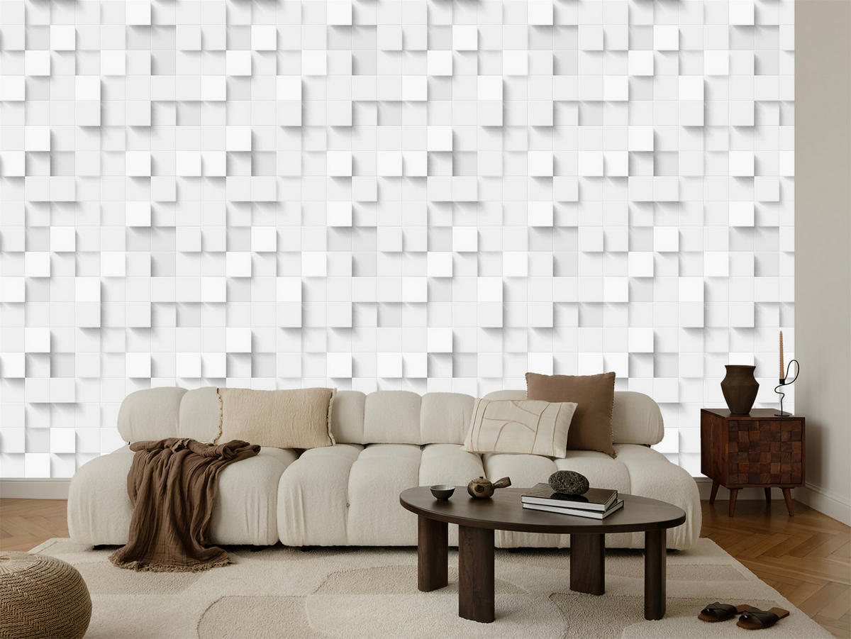 VLIESTAPETE Geometrische Quadrate in 3D-Optik – Weiß, Grau – 50x1000 cm - Weiß/Grau, Papier (50/1000cm) - Muralo