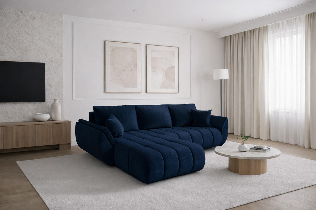 ECKSOFA TOKYO PREMIUM mit Schlaffunktion, Stoff MONOLITH, Dunkelblau, Links - Dunkelblau, Holz (280/190cm) - Kaiser Möbel