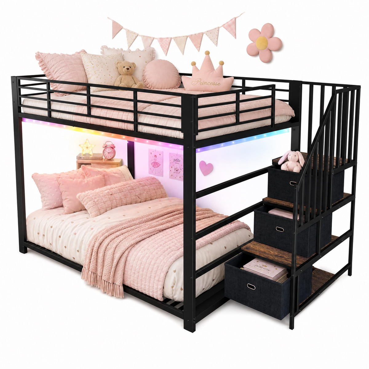 ETAGENBETT 140/200 cm mit Treppe, LED und Steckdose, DE-41957, in Schwarz - Schwarz, Metall (140/200cm) - ComfortXL