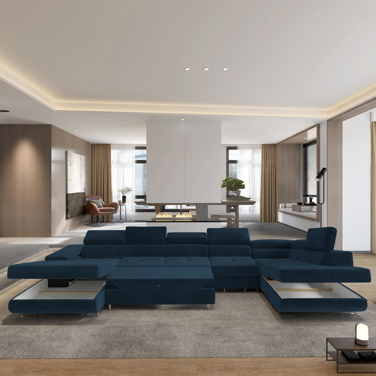 WOHNLANDSCHAFT VELORA R-S Blau Velours-Stoff mit Schlaffunktion - Blau, Holz (419/90/202cm) - MASSENO