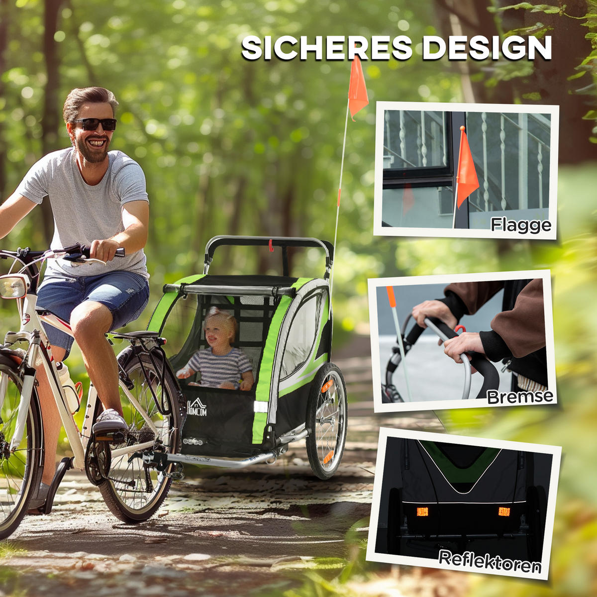 2 in 1 Kinderanhänger, Fahrradanhänger Kinderbuggy mit 5-Punkt Sicherheitsgurt - Schwarz/Grün, Kunststoff/Metall (75/101/142cm) - HOMCOM